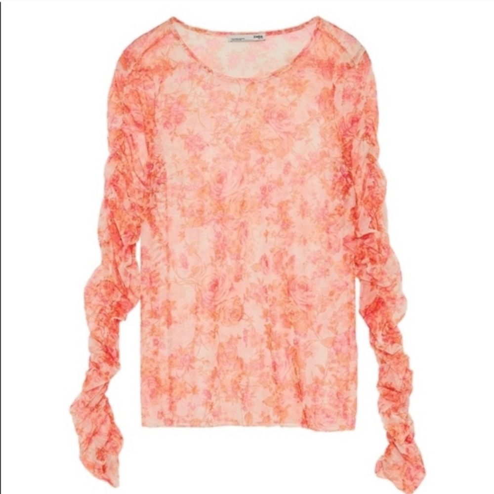 NWT Zara Tulle Sheer Floral Long Sleeve Size M